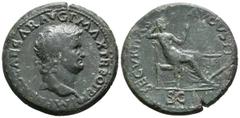Imperio Romano NERON. Dupondio. (Ae. 13,52g/30mm). 66 d.C. Lugdunum. (RIC 518). Anv: Cabeza laureada de Nerón a derecha, alrededor leyenda: IMP NERO CAESAR AVG P MAX TR P P P. Rev: Securitas sentada a