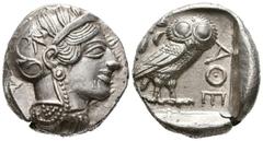 Grecia Antigua ATTICA, Atenas. Tetradracma. (Ar. 17,19g/25mm). 454-404 a.C. (SNG Copenhagen 31). Anv: Cabeza de Atenas con casco ático con cresta a derecha. Rev: Búho estante a derecha mirando de fren