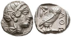 Grecia Antigua ATTICA, Atenas. Tetradracma. (Ar. 17,19g/25mm). 454-404 a.C. (SNG Copenhagen 31). Anv: Cabeza de Atenas con casco ático con cresta a derecha. Rev: Búho estante a derecha mirando de fren