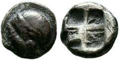 Ancient Greek coins IONIA, Phokaia. diobolus (Ar. 1.20g/10mm). 521-478 BC (SNG Copenhagen 389/393). Obv: Helmeted head of nymph left. Rev: Quadripartite incuse. Very Fine.
