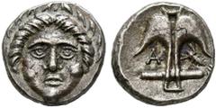 Cayetano Aníbal Collection THRACE, Apollonia Pontika. diobolus (Ar. 1.15g/11mm). 400-350 BC (Seaby 1657). Obv: Head of Apollo from the front. Rev: Anchor between A and lobster. Almost Extremely Fine. 