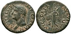 Roman Empire VITELLIUS. As. (Ae. 8.86g/28mm). 69 AD Tarraco. (RIC 46). Obv: Laureate head of Vitellius left, around legend: A VITELLIVS IMP GERMAN. Rev: Victoria advancing left with shield inscribed: 