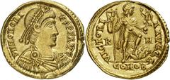 IMPERIAL COINAGE. HONORIUS, 393-423 A.D. AV Solidus, 404-416 A.D. Rome. Obv: Diademed, draped and cuirassed bust right. Rev: Honorius standing right, holding labarum and Victory on globe, foot on capt