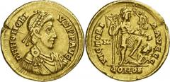 IMPERIAL COINAGE. HONORIUS, 393-423 A.D. AV Solidus, 395-402 A.D. Mediolanum. Obv: Diademed, draped and cuirassed bust right. Rev: Honorius standing right, holding labarum and Victory on globe, foot o