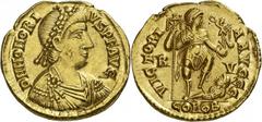 IMPERIAL COINAGE. HONORIUS, 393-423 A.D. AV Solidus, 402-406 A.D. Ravenna. Obv: Diademed, draped and cuirassed bust right. Rev: Honorius standing right, holding labarum and Victory on globe, foot on c