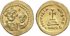 BYZANTINE COINS. Heraclius & Heraclius Constantine (AD 610-641). AV Solidus, Constantinople mint. Obv: Crowned and draped busts of Heraclius and Heraclius Constantine facing; cross above. Rev: Cross p
