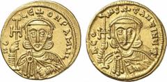 BYZANTINE COINS. Constantine V & Leo III (AD 741-775). AV Solidus, Constantinople mint, circa AD 741-742. Obv: Crowned and draped facing bust of Leo, holding cross potent and akakia. Rev: Crowned and 