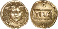CELTIC. BRITAIN. ATREBATES & REGNI. TINCOMMIUS, ca.30 B.C.?10 A.D. AV Quarter Stater. Obv: TINC on a tablet, C above, A below. Rev: Winged gorgon facing flanked by two snakes. 1.18 grams. Van Arsdell 
