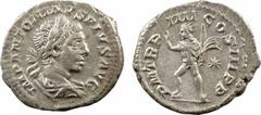 Élagabale, denier, Rome, 221 A/IMP ANTONINVS PIVS AVG. Buste lauré à droite, drapé et cuirassé, vu de trois quarts en arrière. R/P M TR P IIII COS III P P. Le Soleil à demi nu, debout à gauche, levant