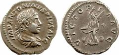 Élagabale, denier, Rome, 220-221 A/IMP ANTONINVS PIVS AVG. Buste lauré à droite, drapé et cuirassé, vu de trois quarts en arrière. R/VICTOR-I-A AVG. La Victoire volant à gauche, tenant une guirlande d