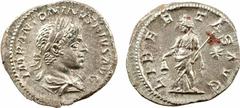 Élagabale, denier, Rome, 220-221 A/IMP ANTONINVS PIVS AVG. Buste lauré à droite, drapé et cuirassé, vu de trois quarts en arrière. R/LIBER-TAS AVG. La Liberté debout à gauche, tenant le pileus et un s