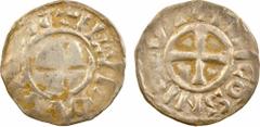 Langres (évêché de), denier immobilisé au nom de Louis IV ou V, 985-1000 A/+ H LVDOVVICS:. Champ lisse. R/+ IMICOSNIS CVT. Croix. TTB, Billon, 20,5 mm, 1,16 g, 12 h. PA.cf 5827 Ce denier est donné à l
