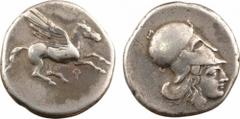 Corinthe, statère, IVe s. av. J.-C. A/Anépigraphe. Pégase volant à droite ; en dessous, lettre punique. R/Anépigraphe. Tête d'Athéna à droite, coiffée du casque corinthien et muni du couvre-nuque. TB+