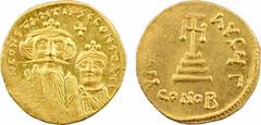 Constant II, solidus, Constantinople, 654-659 A/d N CONSTANTIVS C CONSTATI. Bustes de Constant II et de Constantin IV couronnés et drapés, vus de face ; au dessus, une croix. R/VIC[TORIA] AVsµG/ CONOB