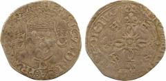 Henri II, douzain aux croissants, faux d'époque ? 1550 Rouen A/+ HENRICVS. DNI. GA. FRA[///]EX. Écu de France couronné, accosté de deux croissants couronnés ; (atelier) à la pointe de l'écu. R/+ SIT. 