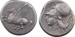 Corinthe, statère, c.350-307 av. J.-C. A/Anépigraphe. Pégase volant à gauche ; au dessous, lettre punique. R/Anépigraphe. Tête d'Athéna à gauche, coiffée du casque corinthien muni du couvre-nuque ; de