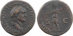 Vespasien, sesterce, Rome, 71 A/IMP CAES VESPASIAN AVG P M TR P P P COS III. Tête laurée à droite. R/ROMA/ S/ C. Rome à gauche tenant une victoire et une lance. TTB, Bronze, 32,0 mm, 25,57 g, 6 h. RIC