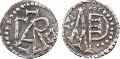 Carloman, denier, 768-771 Angers . Au centre, dans un grènetis CARLO sous une tilde. . Monogramme +ANDE bordé de 13 besants à droite, le tout dans un grènetis. SUP, RRR Argent, 18,2 mm, 1,29 g, 8 h. ,
