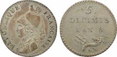 Consulat, essai du 5 décimes, l'an 8 Paris A/REPUBLIQUE - FRANÇAISE. Buste casqué de Minerve à gauche. . Inscription en trois lignes : 5/ DECIMES/ L'AN 8 au-dessus d'une corne d'abondance et d'un cadu