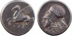 Corinthe, statère, c.345-307 av. J.-C. A/Anépigraphe, Pégase volant à gauche ; en dessous, lettre punique R/Anépigraphe, Tête d'Athéna à gauche, coiffée du casque corinthien, orné d'une couronne de la