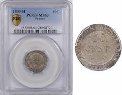Premier Empire, 10 centimes à l'N couronnée, PCGS MS63, 1809 La Rochelle A/, Dans le champ, grande N sous une couronne et dans un listel orné d'une couronne formée de deux branches de laurier en creux
