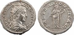 Elagabale, antoninien, Rome, 219 A/IMP CAES M AVR ANTONINVS AVG, Buste drapé et cuirassé, la tête radiée, à droite R/SALVS ANTONINI AVG, La Santé debout à droite, avec un serpent qu'elle attire avec u
