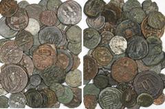 Empire byzantin : lot de 65 monnaies byzantines en bronze, dont 4 en argent, variées, du VIe au XIIIe siècles TB Bronze Lot de 65 monnaies byzantines en bronze, follis, demi-follis, pentanummion etc.,