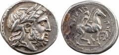 Macédoine, Philippe II, tétradrachme, Amphipolis, c.323-315 av. J.-C. A/Anépigraphe Tête laurée de Zeus à droite R/PHILIP-POY Cavalier nu, marchant à droite, tenant une palme ; dans le champ, à droite