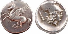 Colonies de Corinthe, Anactorium, statère, c.350-300 av. J.-C. A/Anépigraphe Pégase volant à gauche ; en dessous, les lettres A et N en monogramme R/Anépigraphe Tête d'Athéna à droite, coiffée du casq