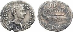 Clodius Macer (usurpateur), denier, Carthage, avril à octobre 68 A/L CLODI - VS MACER Tête nue à droite de Clodius Macer, au-dessous S C R/PRO/ PRAE/ AFRICAE Quinquérème à droite, avec dix rameurs et 