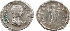 Plautille, denier, Rome, 202-203 A/PLAVTILLA - AVGVSTA Buste drapé à droite, les cheveux tressés en arrière R/PIETAS - AVGG La Piété debout de face, regardant à droite, tenant un sceptre et un enfant 