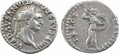Domitien, denier, Rome, 82 A/IMP CAES DOMITIANVS AVG P M Tête laurée à droite R/TR POT - COS VIII P P Minerve à droite avec lance et bouclier TTB+, RR Argent, 17,3 mm, 3,58 g, 6 h RIC.98 Provient d'un
