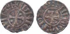Normandie, Jumièges, abbaye Saint-Philibert, denier au nom de Lothaire, c.962 A/+ LOTARI REGIS INSIGNE Croix cantonnée de quatre globules R/+ SI IIIBERT MONTA Monogramme GTI (?) de Gemmeticum TB, RRR 