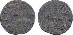 Orange (Principauté d'), denier anonyme, s.d. (XIIIe s.) A/PRINCIPES Dans le champ, L croisetée R/+ AVRASI[CENS] Croix B+, RR Billon, 16,1 mm, 0,63 g, 12 h Dy.2047 Rare denier qui imite le denier PRIM