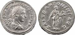 Elagabale, antoninien, Rome, 219 A/IMP CAES M AVR ANTONINVS AVG Buste drapé et cuirassé, la tête radiée, à droite R/SALVS ANTONINI AVG La Santé debout à droite, avec un serpent qu'elle attire avec un 