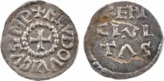 Louis le Pieux, denier, Reims A/+ H LVDOVVICVS IMP Croix dans un grènetis En trois lignes : REMI/ CIVI/ TAS TTB+, RR Argent, 19,7 mm, 1,61 g, 5 h D.829 (3 ex.) MG.356 Très bel exemplaire de ce très ra