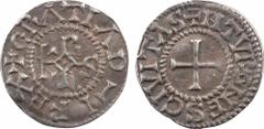 Charles le Chauve, denier, Tours A/(à 9 h.) + GRATIA D-I REX Monogramme de Charles sous forme KRLS R/+ H TVRONES CIVITAS Croix TTB+, R Argent, 19,3 mm, 1,59 g, 4 h D.1040 v. MG.915 Pour Tours et avec 