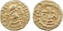 Neustrie ? trémissis indéterminé, au nom de CANODINVM ou GANDOLINVM ? c.600-650 A/GANDO[//]NVM Buste diadémé à droite Dans un grènetis, croix sur deux degrés, accostée de B - A TTB, RRR Or, 12,0 mm, 1