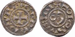 Toulouse (évêché de), sous Charles le Simple et l'évêque Hugus, denier, s.d. (avant 929) Toulouse A/+ CARLVS RE Croix R/+ TOLOSA CIVI Dans le champ V, G et O TTB+, RRR Argent, 18,6 mm, 1,15 g, 9 h MG.
