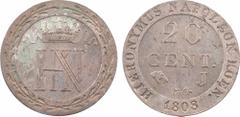 Allemagne, Westphalie (royaume de), essai de 20 centimes en argent, 1808 Paris Monogramme HN couronné, dans une couronne en méplat R/HIERONYMUS NAPOLEON KOEN// (date) Inscription en trois lignes : 20/