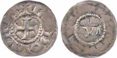 Louis l'Aveugle, denier, s.d. (901-905) Vienne A/+ LVDOVVICVS Croix R/ Au centre : VI dans un grènetis Argent 20,8 mm 1,30 g 3 h TTB, R D.1145 (16 ex.), MG.1575 Louis III l'Aveugle était le fils de Bo