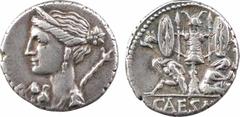 Roman republican coins Jules César, denier, Espagne, 46-45 av. J.-C. A/Anépigraphe Tête diadémée de Vénus à gauche, un petit Cupidon sur son épaule droite et un sceptre sur la gauche ; devant, un litu