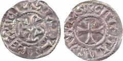 Carolingian coins Charles le Chauve, denier immobilisé, Le Mans A/(à 9 h.) + GRATIA D-I REX Monogramme de Charles R/+ CINONAINS CVIITAS Croix Argent 19,7 mm 1,33 g 3 h SUP D.564, MG.1045 Fécamp.7741-7