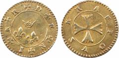Tokens Charles IX (ou 2e moitié XVIe s.), denier à épouser en vermeil A/+ D + E + N + I + E + R Deux lis sous une couronne R/A EPOV[Z]ER Croix Vermeil 18,8 mm 1,42 g 3 h SUP, RR Térisse D26 Avec la le