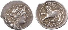 Celtic coins Marseille - Massalia, drachme L/AL, c.130-121 av. J-C. A/Anépigraphe Buste diadémé et drapé d'Artémis à droite, avec arc et carquois derrière l'épaule R/MASSA/ AL Lion à gauche, avec la l