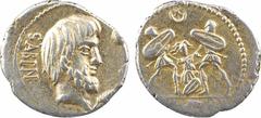Roman republican coins Tituria, denier, Rome, 89 av. J.-C. A/SABIN Tête nue du roi Tatius à droite ; devant, une palme R/A l'exergue, L TITVRI Tarpeia agenouillé de face entre deux soldats qui lui jet