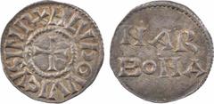 Carolingian coins Louis le Pieux, denier, Narbonne A/(à 11 h.) X H LVDOVVICVS IMP Croix Inscription en deux lignes : NAR/ BONA Argent 21,4 mm 1,79 g 10 h SUP / TTB+, RR D.690 (33 ex.), MG.430 Provient