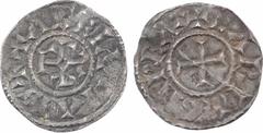 Carolingian coins Au nom de Charles empereur (le chauve ou le Gros), denier, Arles A/+ CARLVS NP RX + Croix R/(à 10 h.) + ARELV CIAIS + Monogramme de Charles Argent 20,5 mm 1,39 g 1 h TTB+ D.65 v. (14