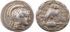 Greek coins Attique, Athènes, tétradrachme nouveau style, c.153-152 av. J.-C. A/Anépigraphe Tête d'Athéna Parthenos à droite R/A-QE Chouette debout à droite sur une amphore, sur laquelle se trouve la 