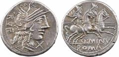 Roman republican coins Minucia, denier, Rome, 122 av. J.-C. A/RVF Tête casquée de Roma à droite ; devant, la marque de valeur X R/Q MINV/ ROMA Les Dioscures galopant à droite Argent 18,3 mm 3,30 g 3 h